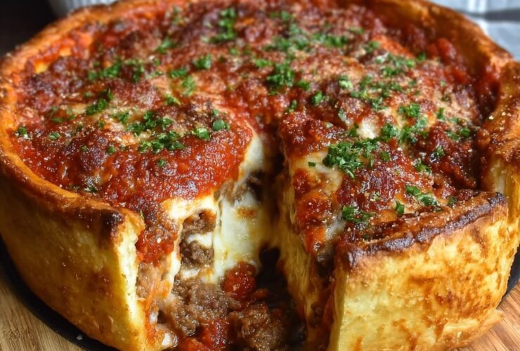Chicago deep dish pizza in a cast iron pan with golden buttery crust, layers of cheese, sausage, and chunky tomato sauce on top