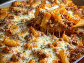 Beef rigatoni cheese bake in a casserole dish with golden bubbly cheese top, marinara sauce, ricotta dollops, and fresh basil