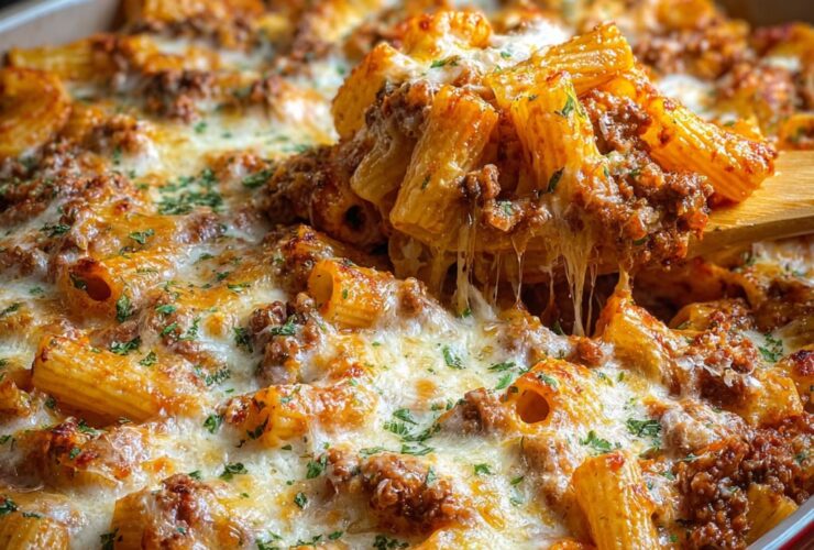 Beef rigatoni cheese bake in a casserole dish with golden bubbly cheese top, marinara sauce, ricotta dollops, and fresh basil