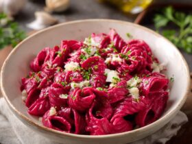 Hot pink beet sauce pasta with creamy roasted beet sauce coating fettuccine, topped with crumbled goat cheese, walnuts, and dill