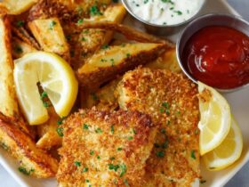 Air fryer fish and chips with golden crispy beer-battered cod, hot crispy fries, malt vinegar, lemon wedges, and tartar sauce