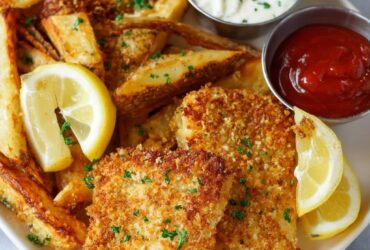 Air fryer fish and chips with golden crispy beer-battered cod, hot crispy fries, malt vinegar, lemon wedges, and tartar sauce