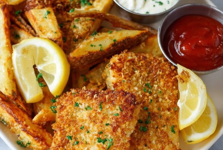 Air fryer fish and chips with golden crispy beer-battered cod, hot crispy fries, malt vinegar, lemon wedges, and tartar sauce
