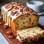 Butter pecan cake loaf with caramel glaze and toasted pecans on top, sliced to show tender brown-buttered crumb