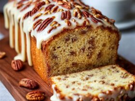 Butter pecan cake loaf with caramel glaze and toasted pecans on top, sliced to show tender brown-buttered crumb