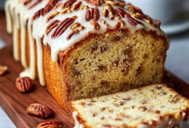 Butter pecan cake loaf with caramel glaze and toasted pecans on top, sliced to show tender brown-buttered crumb