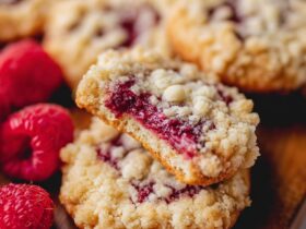 Raspberry crumble cookies with golden buttery shortbread base, fresh raspberry jam, and crumbled streusel topping on a plate
