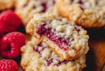 Raspberry crumble cookies with golden buttery shortbread base, fresh raspberry jam, and crumbled streusel topping on a plate