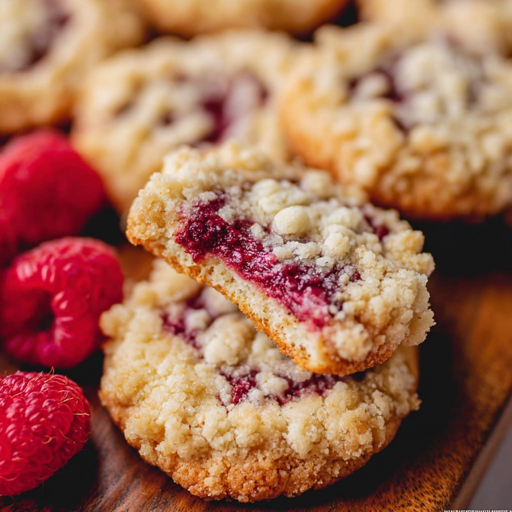Raspberry crumble cookies with golden buttery shortbread base, fresh raspberry jam, and crumbled streusel topping on a plate