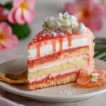 Hawaiian guava cake with vibrant pink layers, fluffy whipped cream cheese frosting, and glossy guava jelly glaze on top