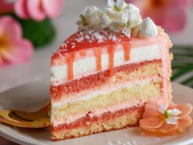 Hawaiian guava cake with vibrant pink layers, fluffy whipped cream cheese frosting, and glossy guava jelly glaze on top