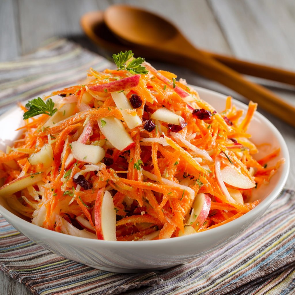 Carrot apple salad in a wooden bowl with shredded carrots, julienned apple, golden raisins, walnuts, fresh dill, and creamy citrus dressing