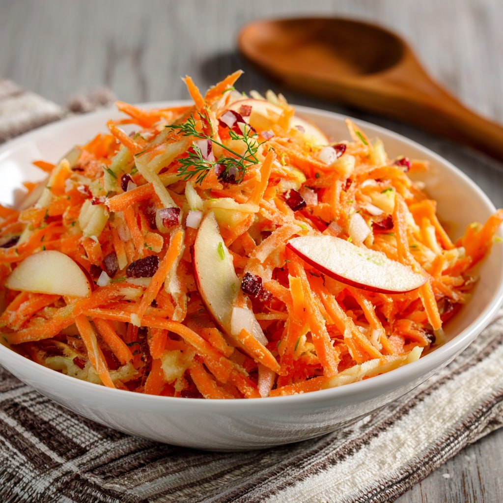 Close-up of carrot apple salad showing colorful matchsticks, crunchy walnuts, plump raisins, and tangy yogurt dressing coating