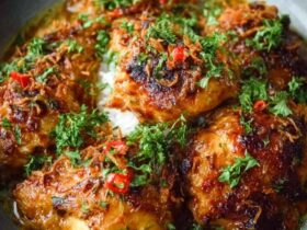 Indonesian coconut chicken with golden curry sauce, lemongrass, ginger, fresh basil, lime wedges, and jasmine rice on a plate