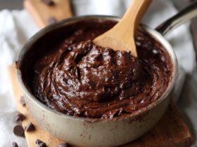 Bowl of edible brownie batter with chocolate chips, glossy fudgy texture, sprinkled sea salt, and a spoon ready to eat