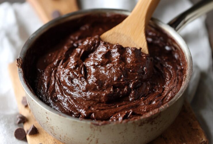 Bowl of edible brownie batter with chocolate chips, glossy fudgy texture, sprinkled sea salt, and a spoon ready to eat