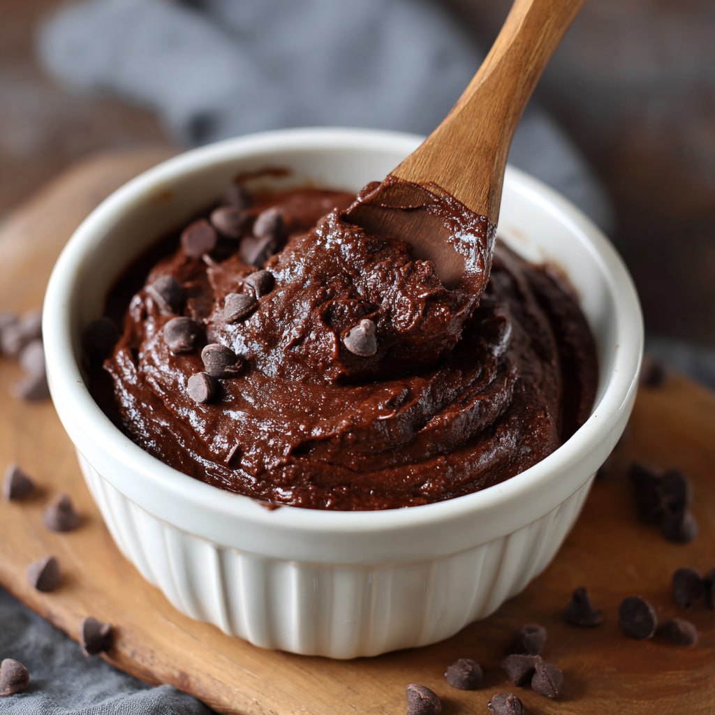Close-up of edible brownie batter showing rich dark chocolate color, mini chocolate chips throughout, and silky spreadable consistency