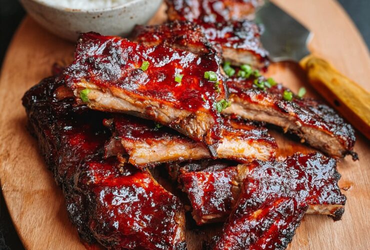 Chinese BBQ ribs with glossy red char siu glaze, sticky caramelized edges, sesame seeds, scallions, and steamed rice