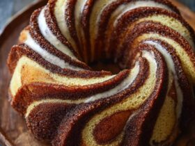 Cinnamon swirl bundt cake on a cake stand with golden caramelized sides, white cream cheese glaze drizzle, and dramatic cinnamon ribbon visible inside