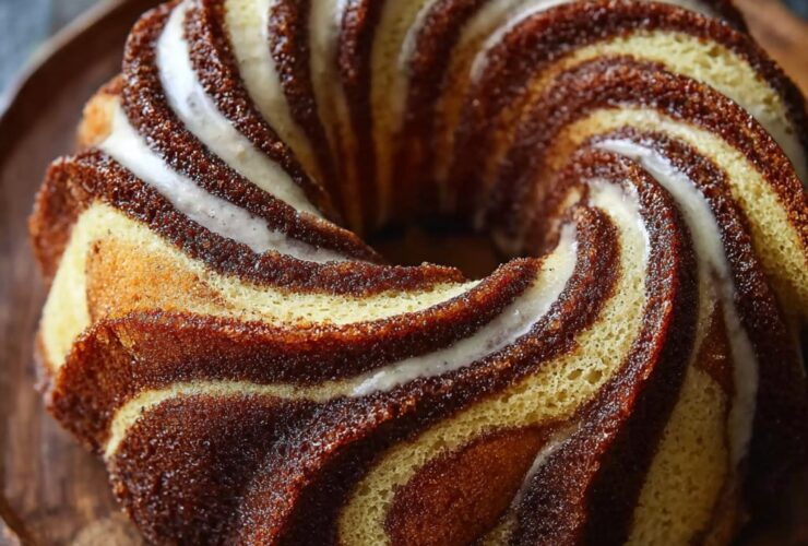 Cinnamon swirl bundt cake on a cake stand with golden caramelized sides, white cream cheese glaze drizzle, and dramatic cinnamon ribbon visible inside