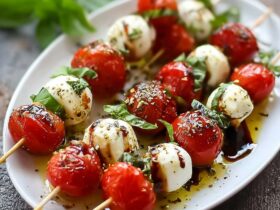 Caprese skewers with cherry tomatoes, fresh mozzarella balls, basil leaves, balsamic glaze drizzle on a wooden serving platter