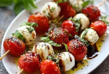 Caprese skewers with cherry tomatoes, fresh mozzarella balls, basil leaves, balsamic glaze drizzle on a wooden serving platter