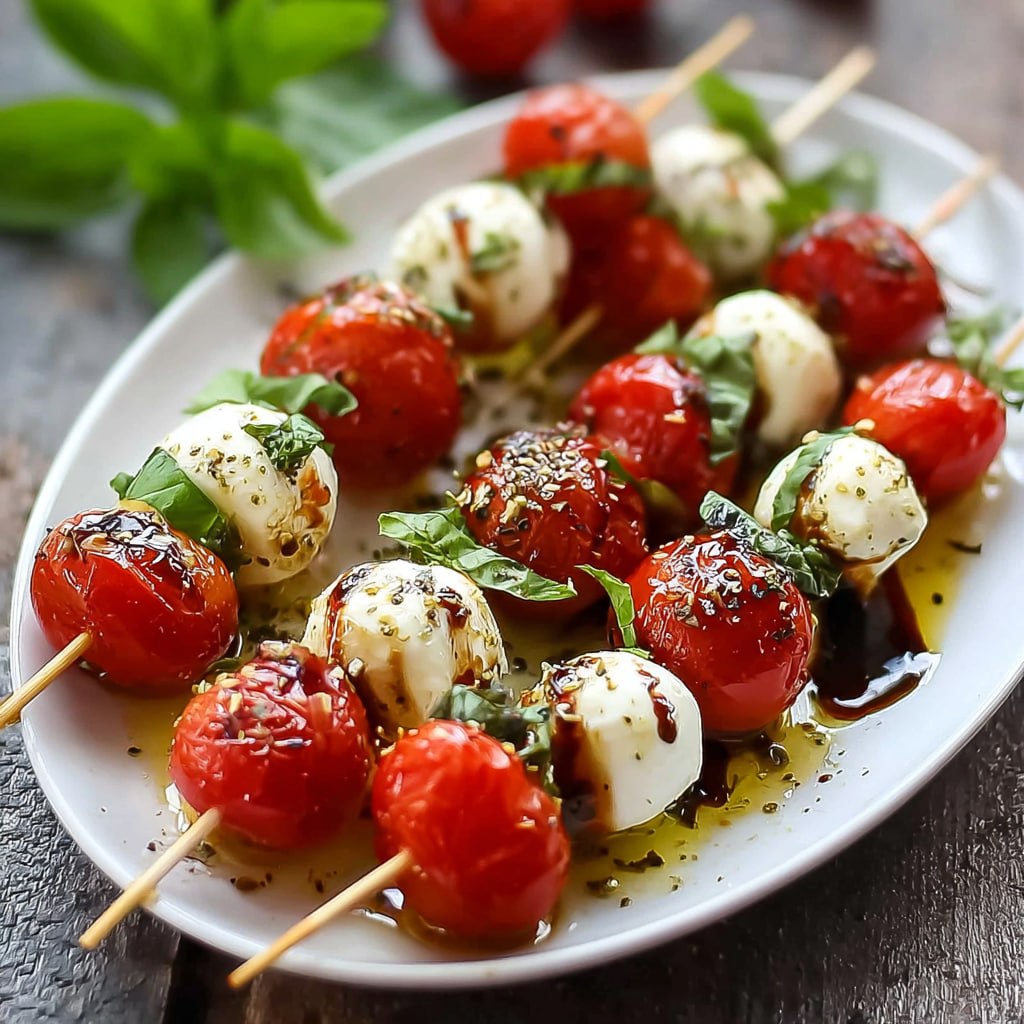 Caprese skewers with cherry tomatoes, fresh mozzarella balls, basil leaves, balsamic glaze drizzle on a wooden serving platter