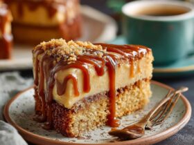 Guava coffee cake with golden streusel crumble topping, vibrant pink guava jam swirl visible inside, dusted with powdered sugar