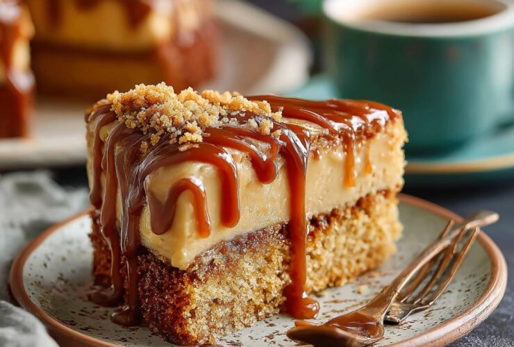 Guava coffee cake with golden streusel crumble topping, vibrant pink guava jam swirl visible inside, dusted with powdered sugar