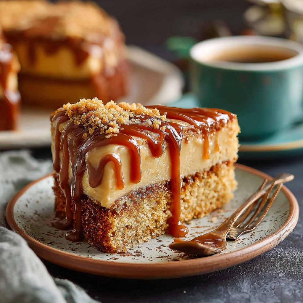 Guava coffee cake with golden streusel crumble topping, vibrant pink guava jam swirl visible inside, dusted with powdered sugar