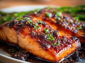 Bourbon glazed salmon fillet with glossy caramelized maple-bourbon sauce, sesame seeds, and chopped scallions on a plate