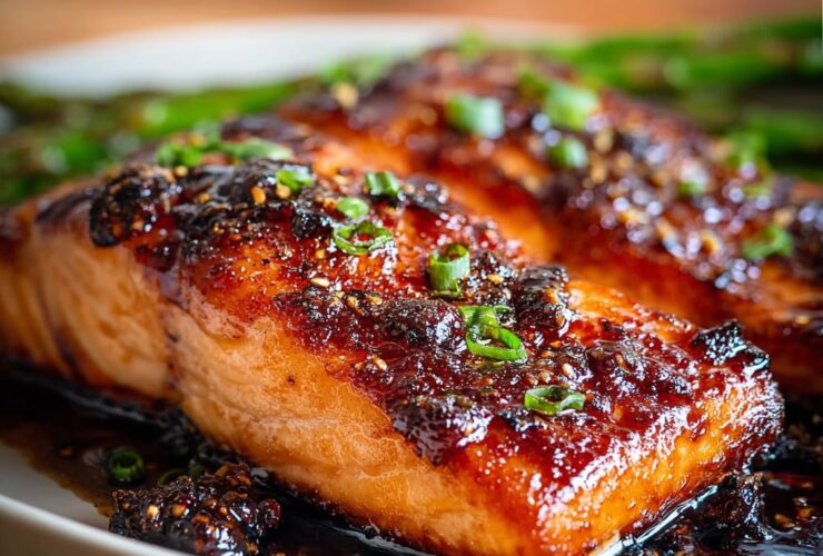Bourbon glazed salmon fillet with glossy caramelized maple-bourbon sauce, sesame seeds, and chopped scallions on a plate