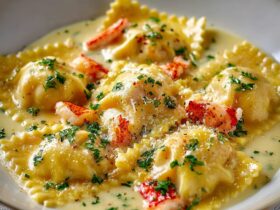 Lobster ravioli plated with bright lemon butter sauce, fresh chives, parmesan shavings, and lemon zest in a white bowl