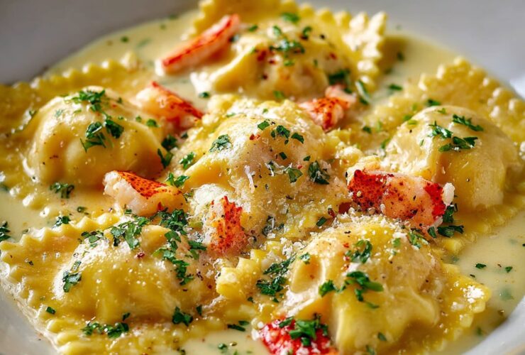 Lobster ravioli plated with bright lemon butter sauce, fresh chives, parmesan shavings, and lemon zest in a white bowl
