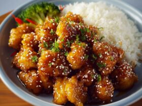 Chinese honey chicken with golden crispy battered chicken pieces, glossy sticky honey sauce, sesame seeds, and scallions over rice