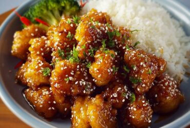 Chinese honey chicken with golden crispy battered chicken pieces, glossy sticky honey sauce, sesame seeds, and scallions over rice
