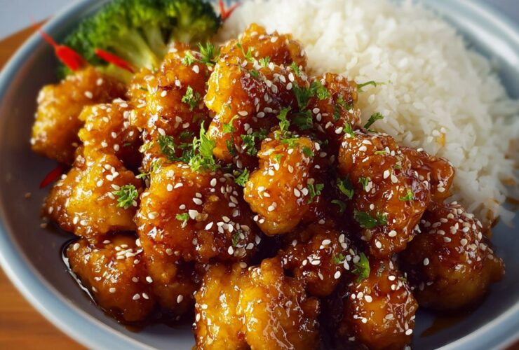 Chinese honey chicken with golden crispy battered chicken pieces, glossy sticky honey sauce, sesame seeds, and scallions over rice
