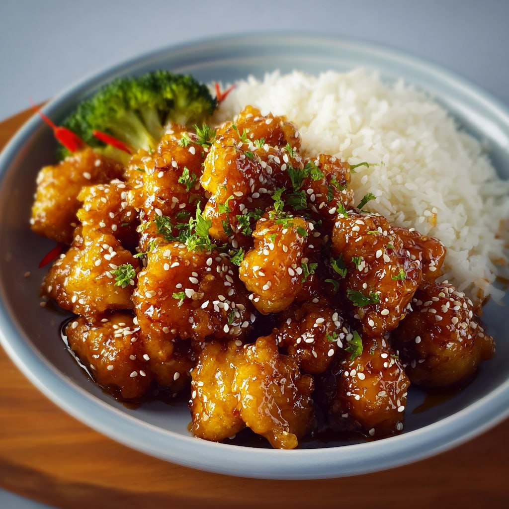 Chinese honey chicken with golden crispy battered chicken pieces, glossy sticky honey sauce, sesame seeds, and scallions over rice