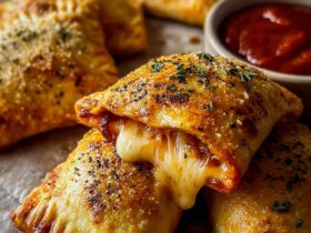 Cheesy pizza pockets with golden crispy crust, melted mozzarella oozing out, pepperoni filling, and a side of warm marinara dipping sauce