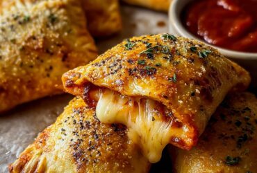 Cheesy pizza pockets with golden crispy crust, melted mozzarella oozing out, pepperoni filling, and a side of warm marinara dipping sauce