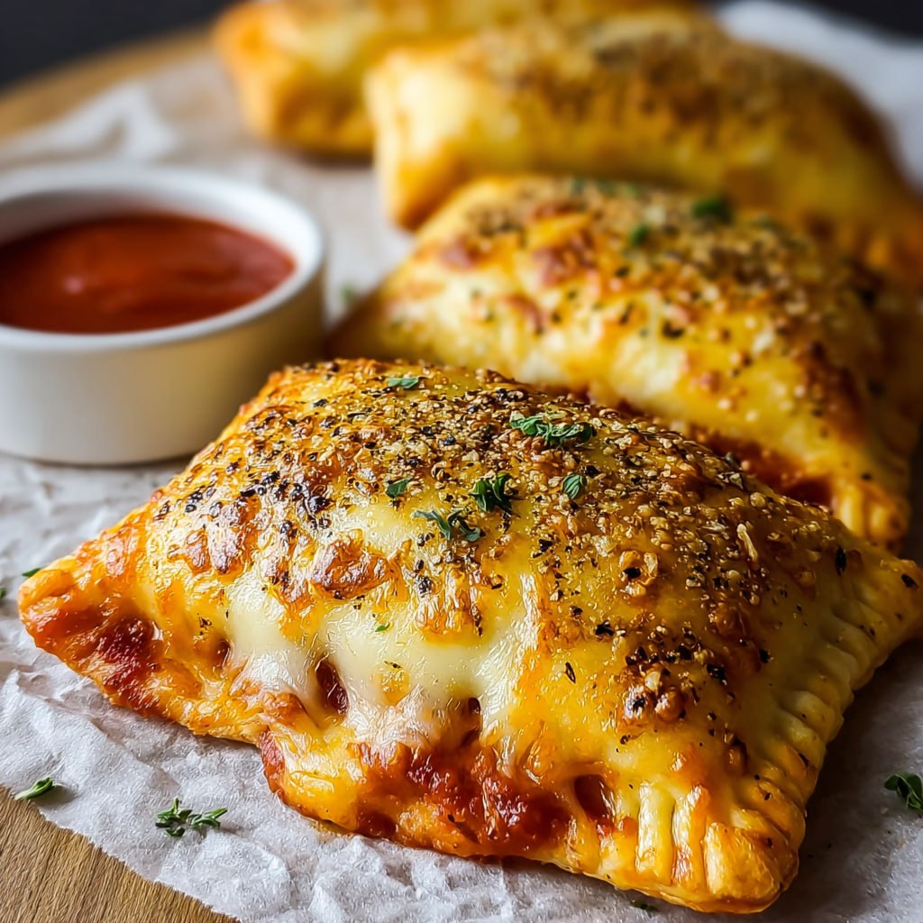 Close-up of homemade pizza pocket cut in half showing stretchy cheese pull, pepperoni, marinara, and Italian seasoning crust