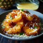 Rum coconut fried pineapple rings with golden caramelized edges, toasted coconut flakes, vanilla ice cream, and rum syrup drizzle