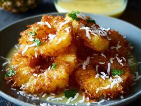 Rum coconut fried pineapple rings with golden caramelized edges, toasted coconut flakes, vanilla ice cream, and rum syrup drizzle