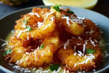 Rum coconut fried pineapple rings with golden caramelized edges, toasted coconut flakes, vanilla ice cream, and rum syrup drizzle