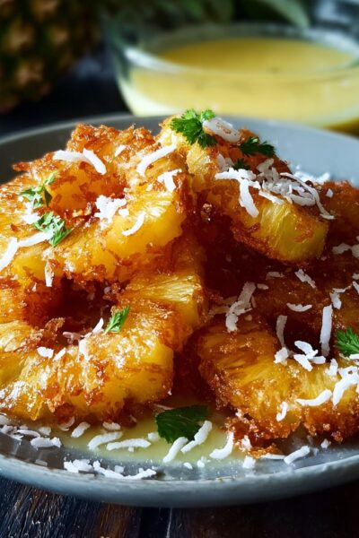 Rum coconut fried pineapple rings with golden caramelized edges, toasted coconut flakes, vanilla ice cream, and rum syrup drizzle