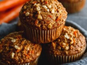 One-bowl carrot oatmeal muffins with golden tops, oat-cinnamon streusel, walnuts, and grated carrots visible in tender crumb