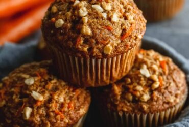 One-bowl carrot oatmeal muffins with golden tops, oat-cinnamon streusel, walnuts, and grated carrots visible in tender crumb
