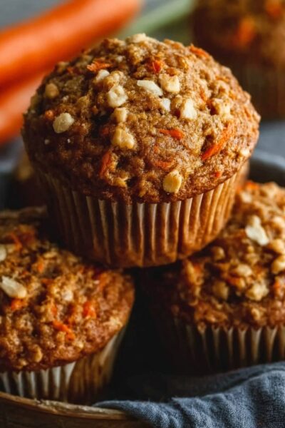 One-bowl carrot oatmeal muffins with golden tops, oat-cinnamon streusel, walnuts, and grated carrots visible in tender crumb