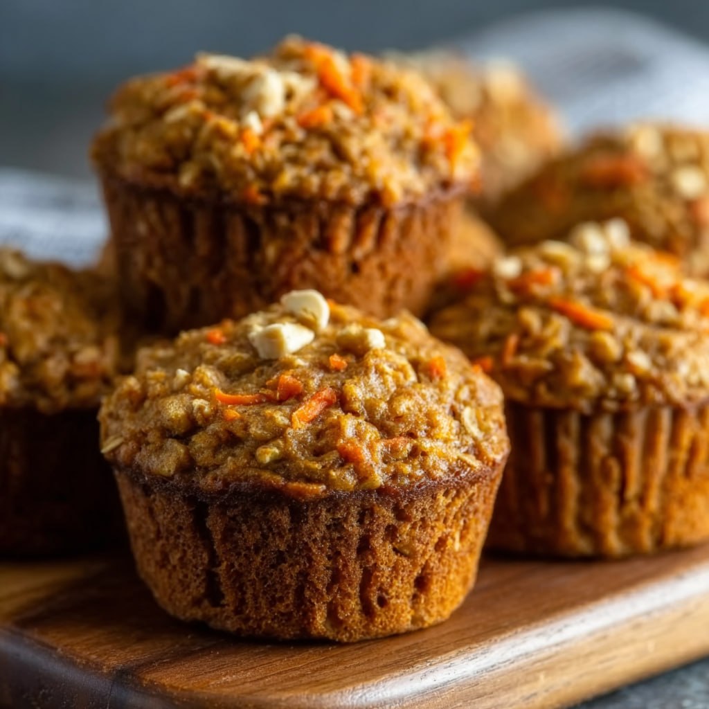 Close-up of carrot oatmeal muffin showing moist crumb with shredded carrots, raisins, walnuts, and oat texture
