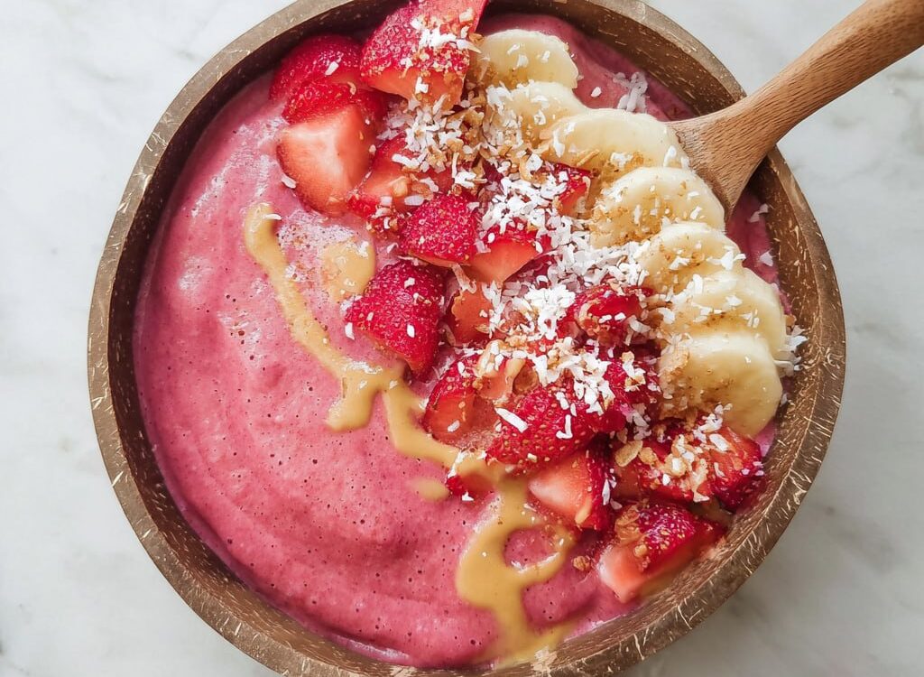 Strawberry banana smoothie bowl with thick pink purée, fresh strawberries, banana slices, granola, chia seeds, and coconut flakes on top